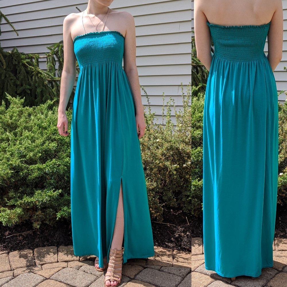 Teal strapless maxi dress
